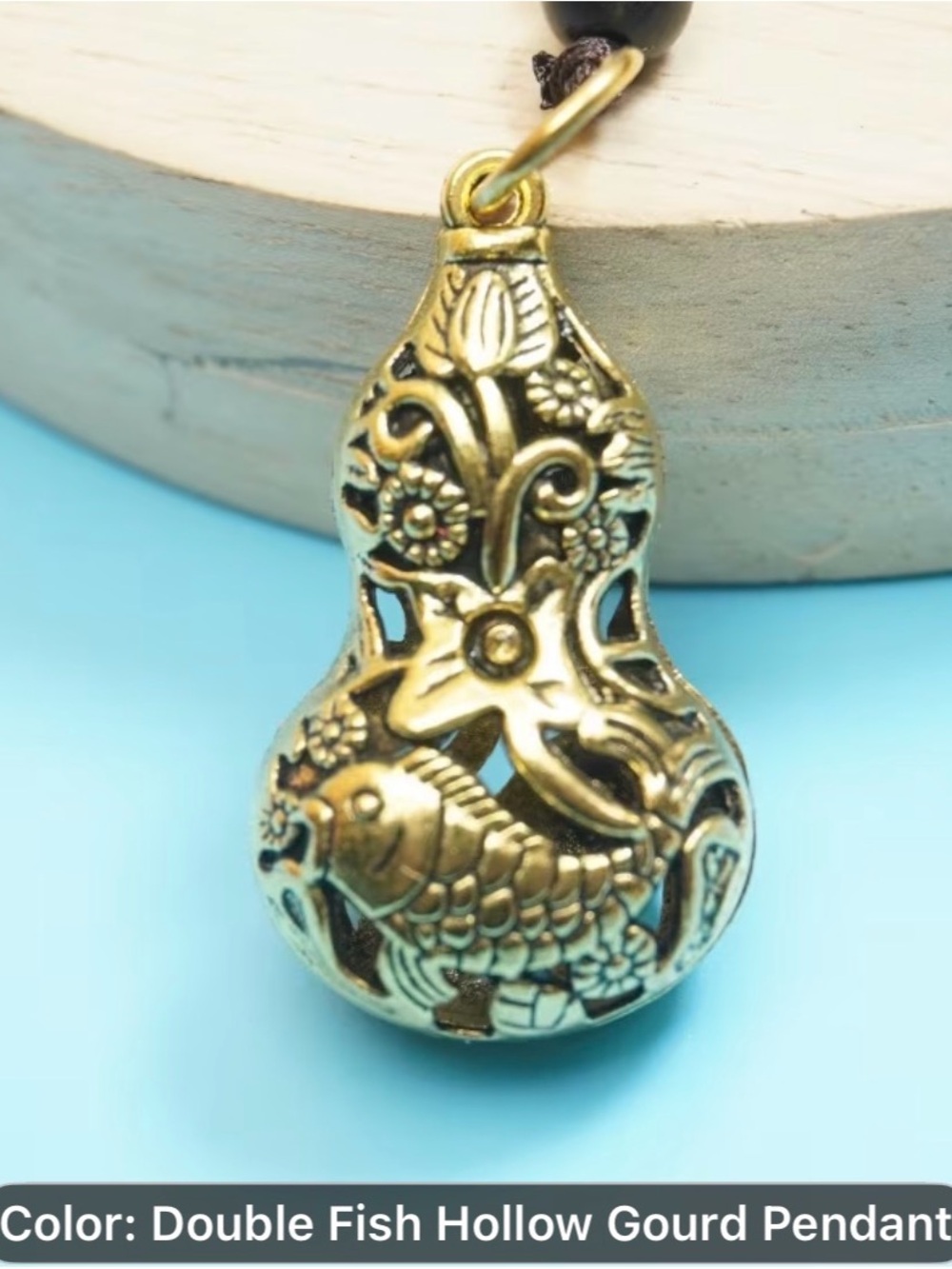 Gold tone Double Fish Hollow Gourd Pendant Necklace